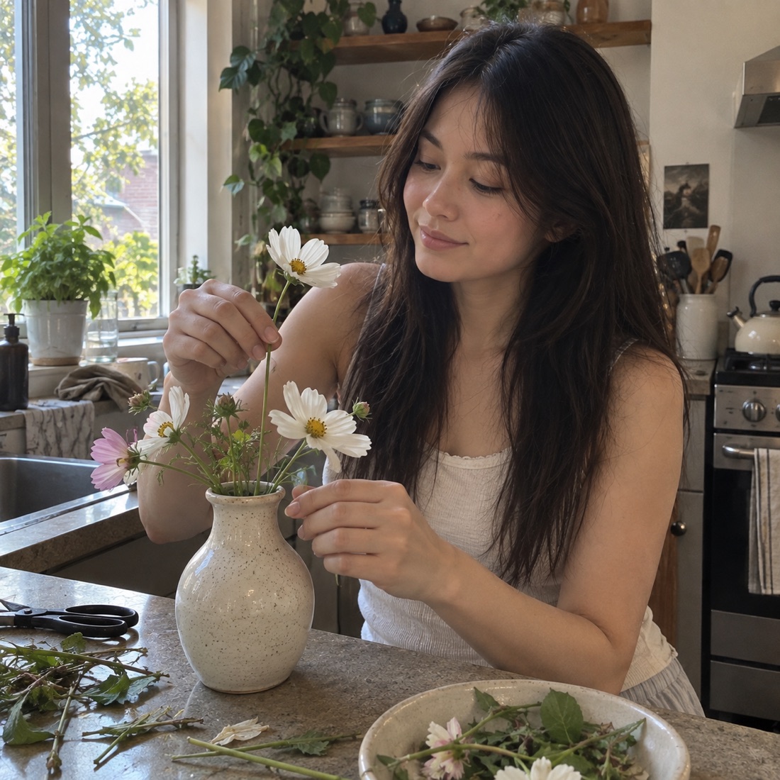 June arranging flowers by a window