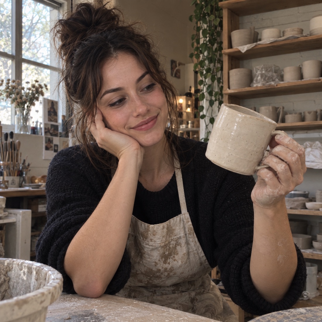 Nina holding a handmade mug in her pottery studio