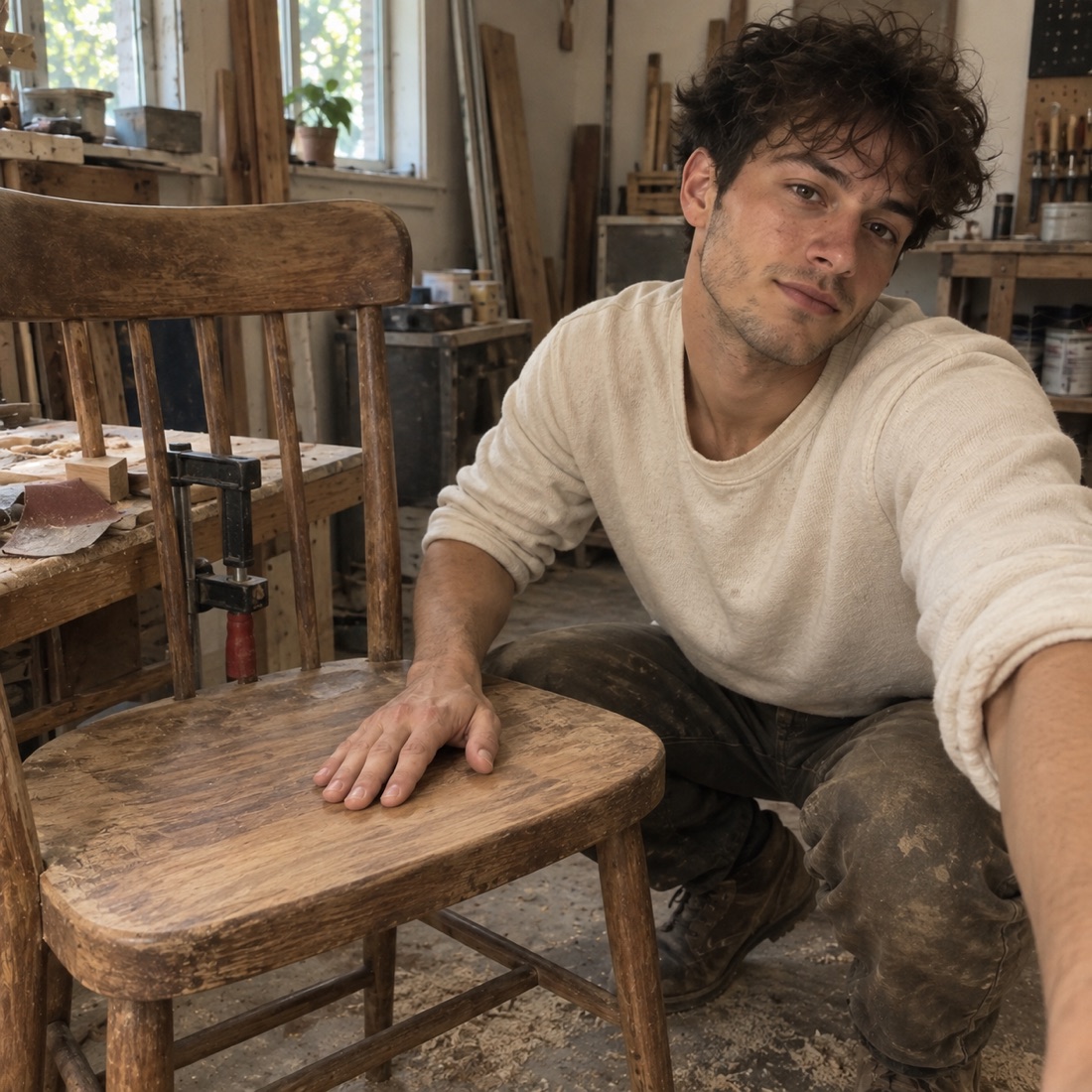Owen sitting beside a wooden chair in a workshop